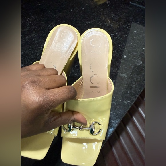 Gucci Shoes - Gucci Yellow Patent Leather Horsebit Block Heel Sandals